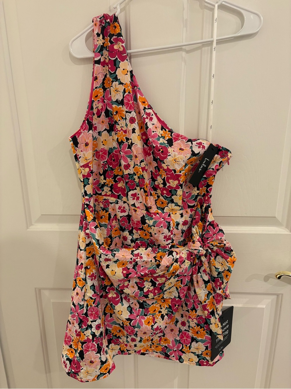 Floral One-Shoulder Mini Dress - Pink, Yellow, Orange, Green and Black - Picture 2 of 3